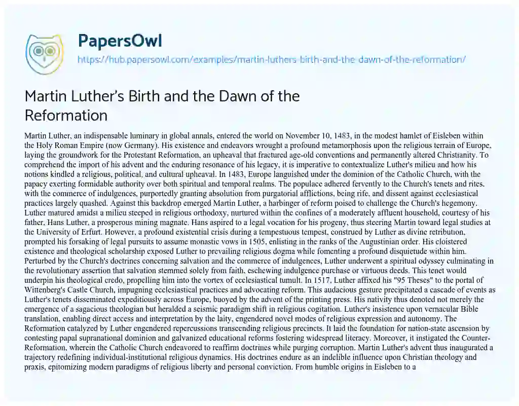 Essay on Martin Luther’s Birth and the Dawn of the Reformation
