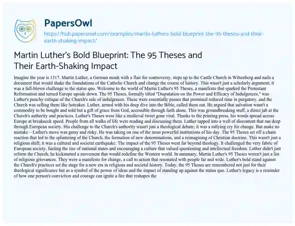 Essay on Martin Luther’s Bold Blueprint: The 95 Theses and Their Earth-Shaking Impact