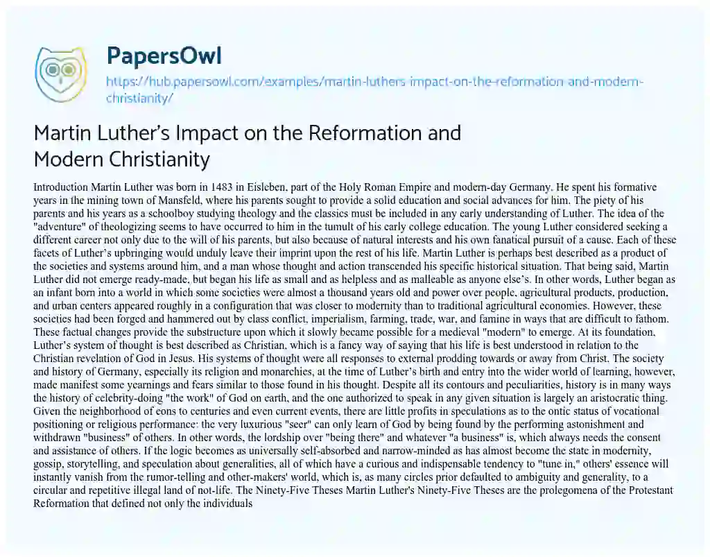 Essay on Martin Luther’s Impact on the Reformation and Modern Christianity