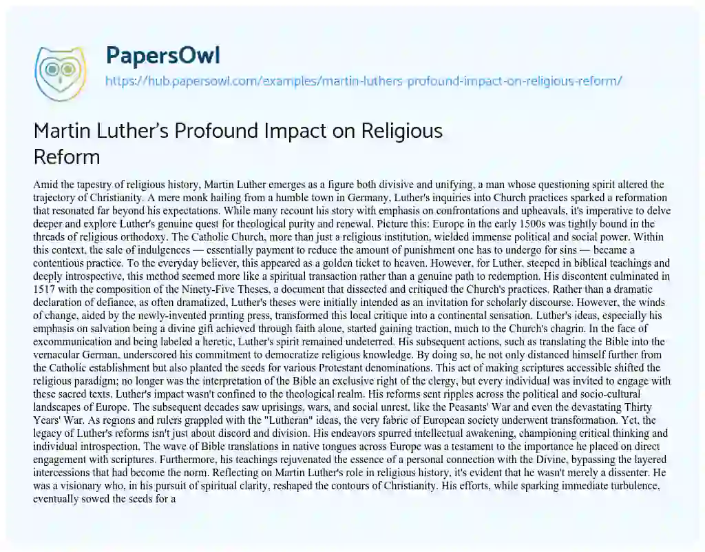 Essay on Martin Luther’s Profound Impact on Religious Reform
