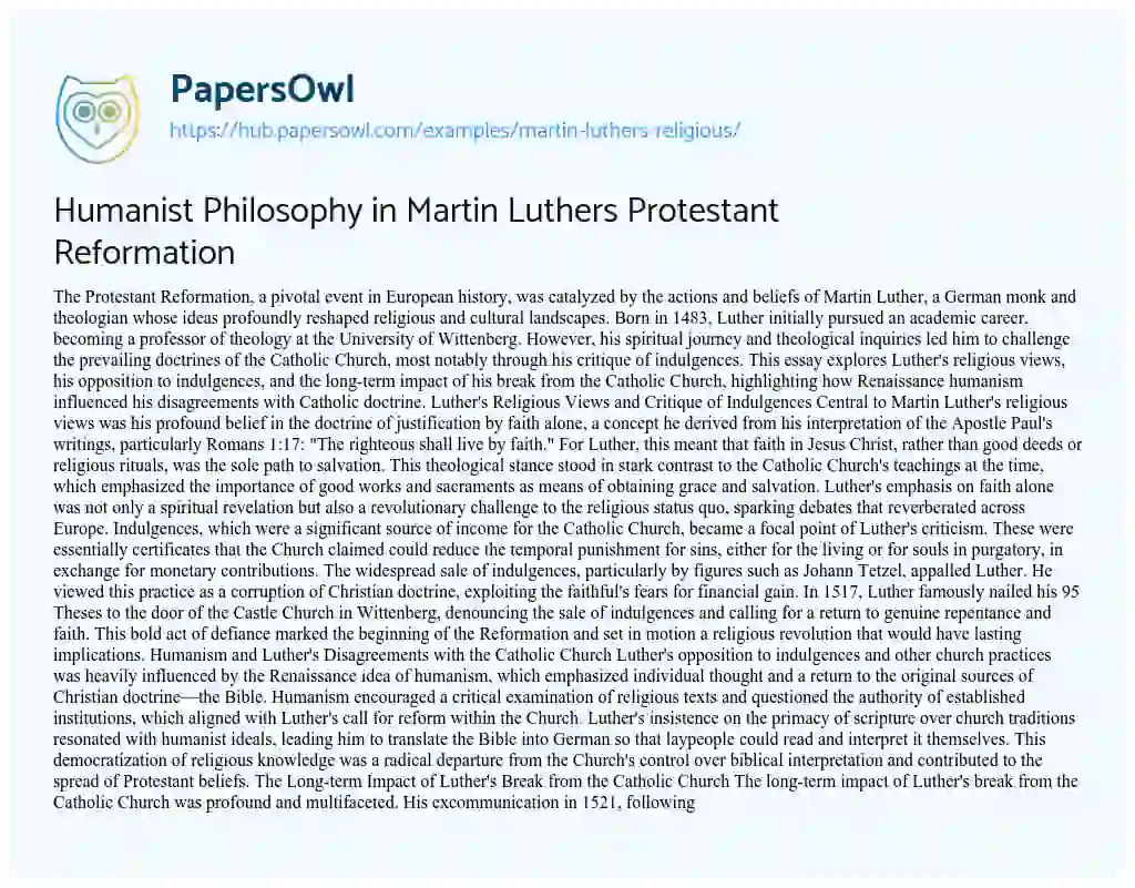 Essay on Humanist Philosophy in Martin Luthers Protestant Reformation