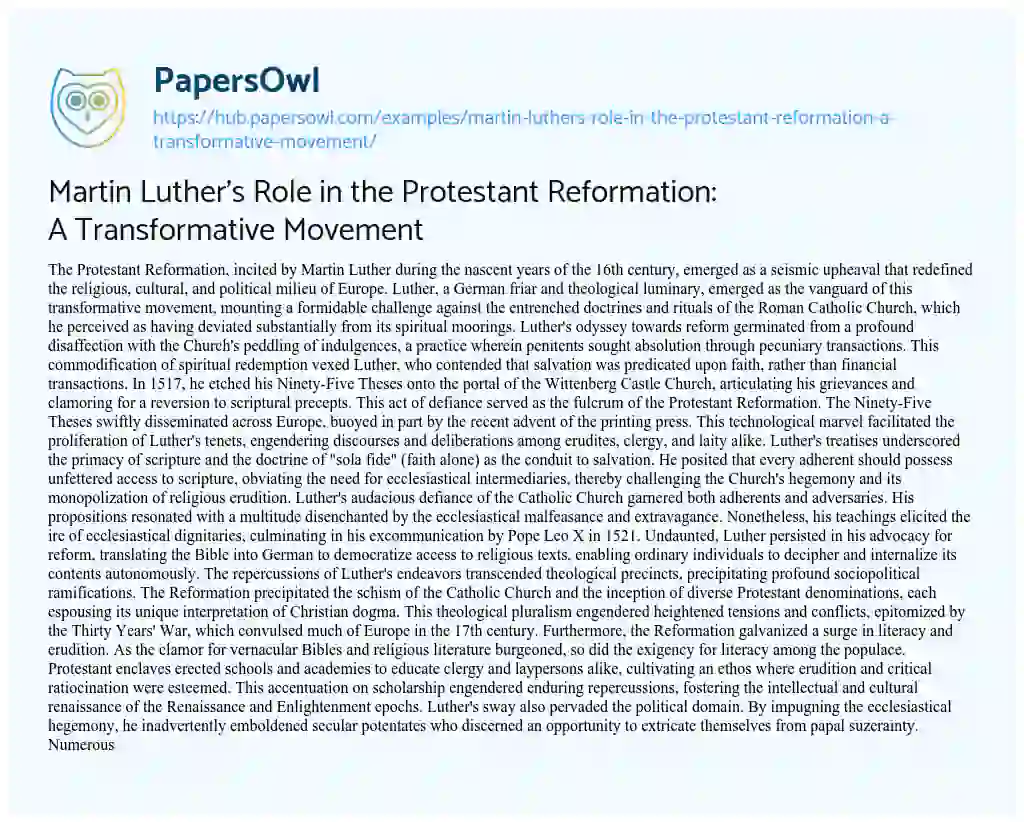 Essay on Martin Luther’s Role in the Protestant Reformation: A Transformative Movement
