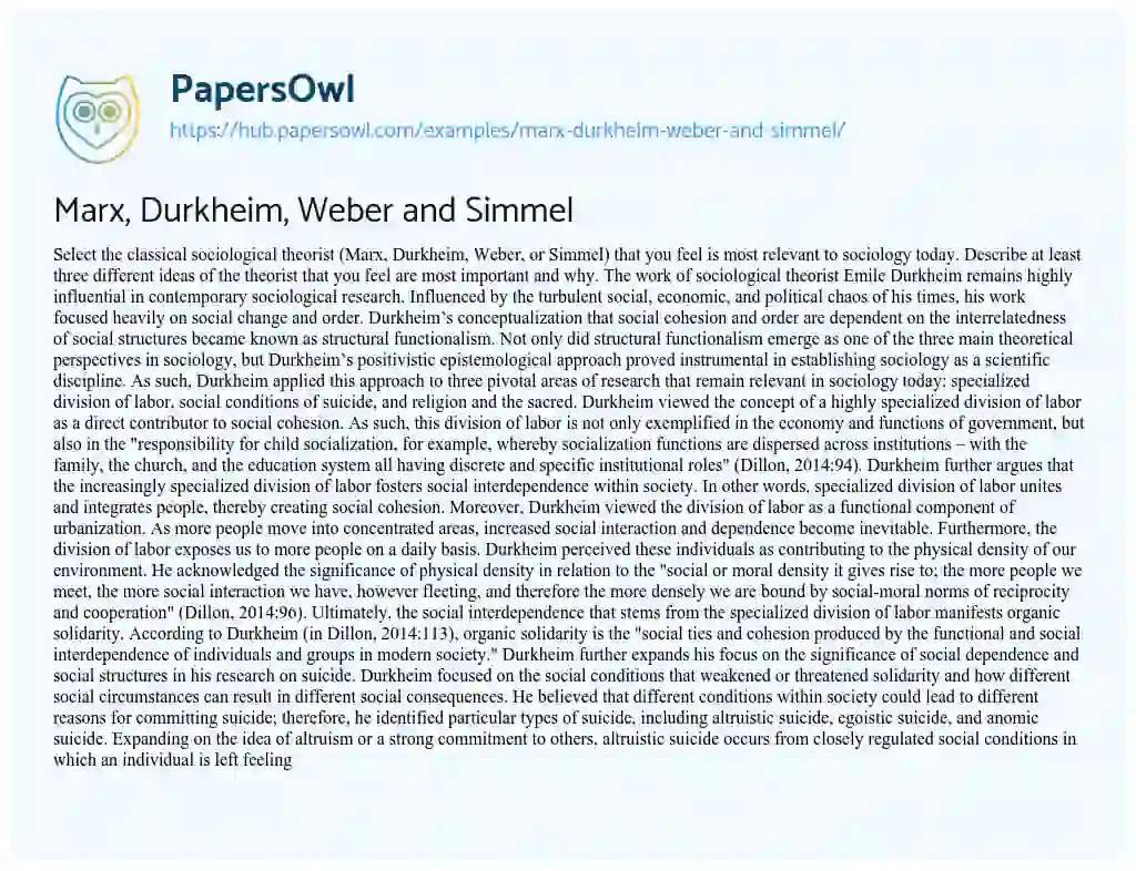 Essay on Marx, Durkheim, Weber and Simmel