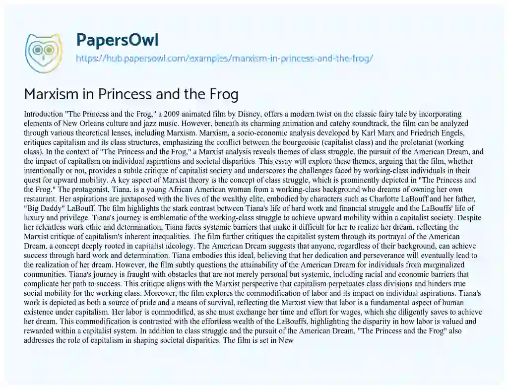 Essay on Marxism in Princess and the Frog