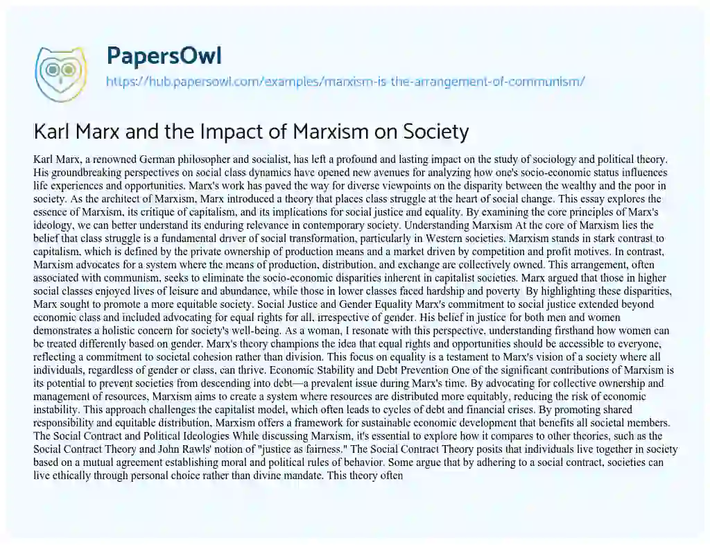 Essay on Karl Marx and the Impact of Marxism on Society