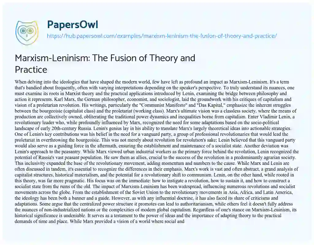 Essay on Marxism-Leninism: The Fusion of Theory and Practice