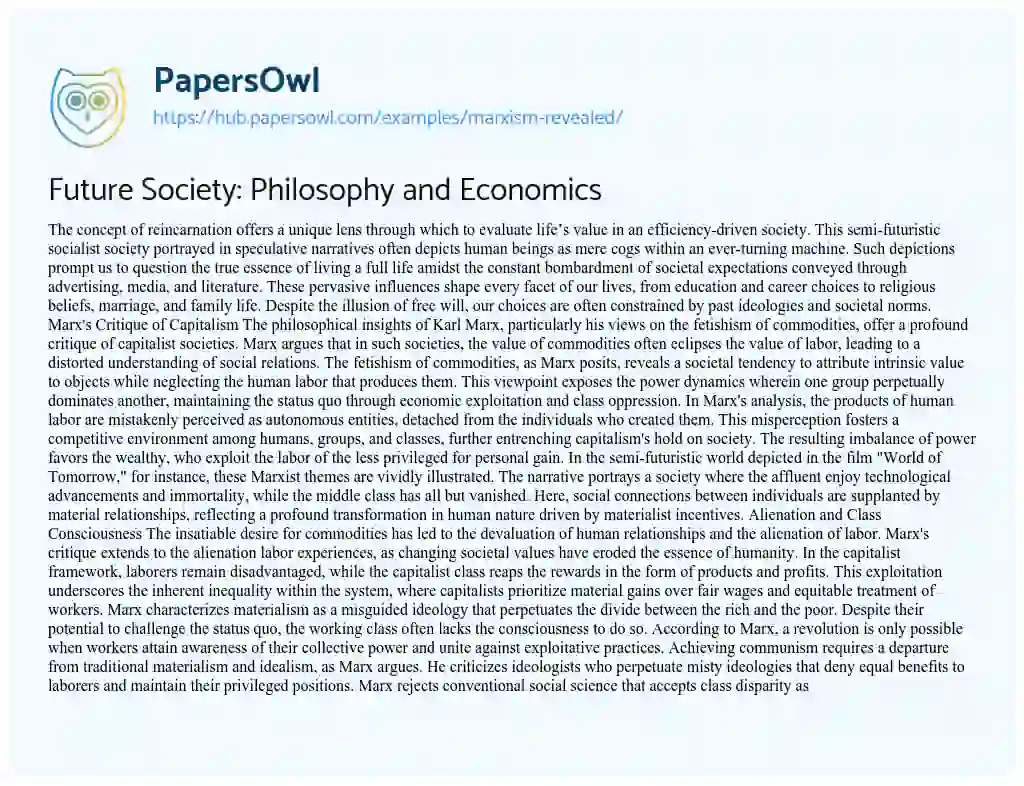 Essay on Future Society: Philosophy and Economics