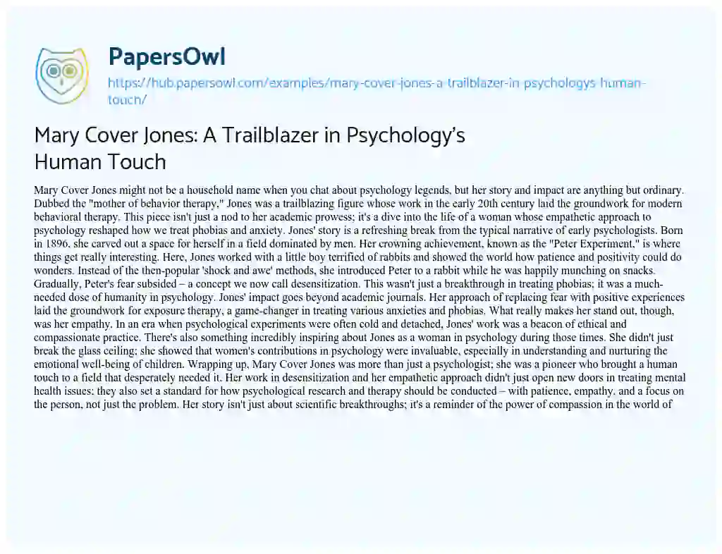 Essay on Mary Cover Jones: A Trailblazer in Psychology’s Human Touch