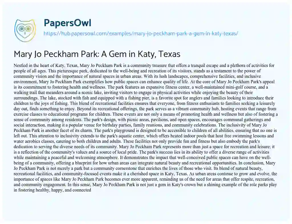 Essay on Mary Jo Peckham Park: A Gem in Katy, Texas