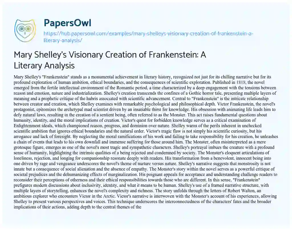 Essay on Mary Shelley’s Visionary Creation of Frankenstein: A Literary Analysis