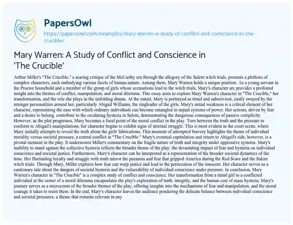 Essay on Mary Warren: A Study of Conflict and Conscience in ‘The Crucible’