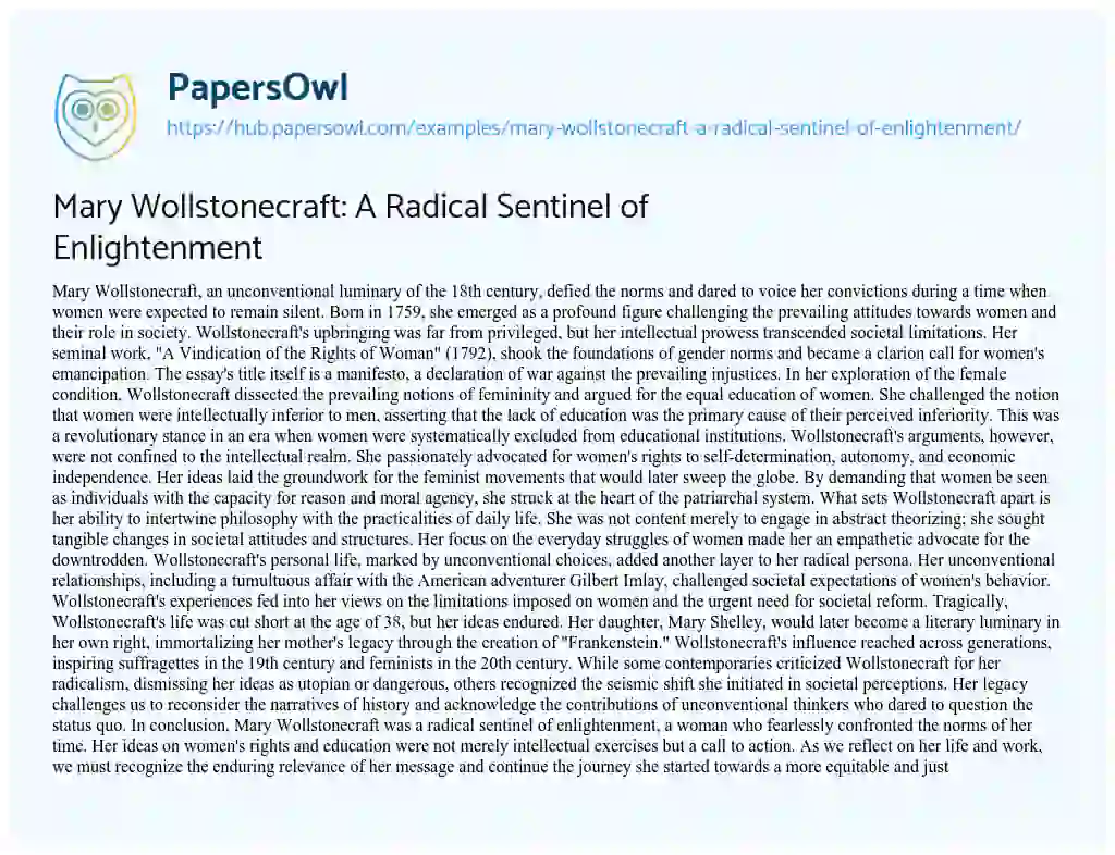 Essay on Mary Wollstonecraft: A Radical Sentinel of Enlightenment