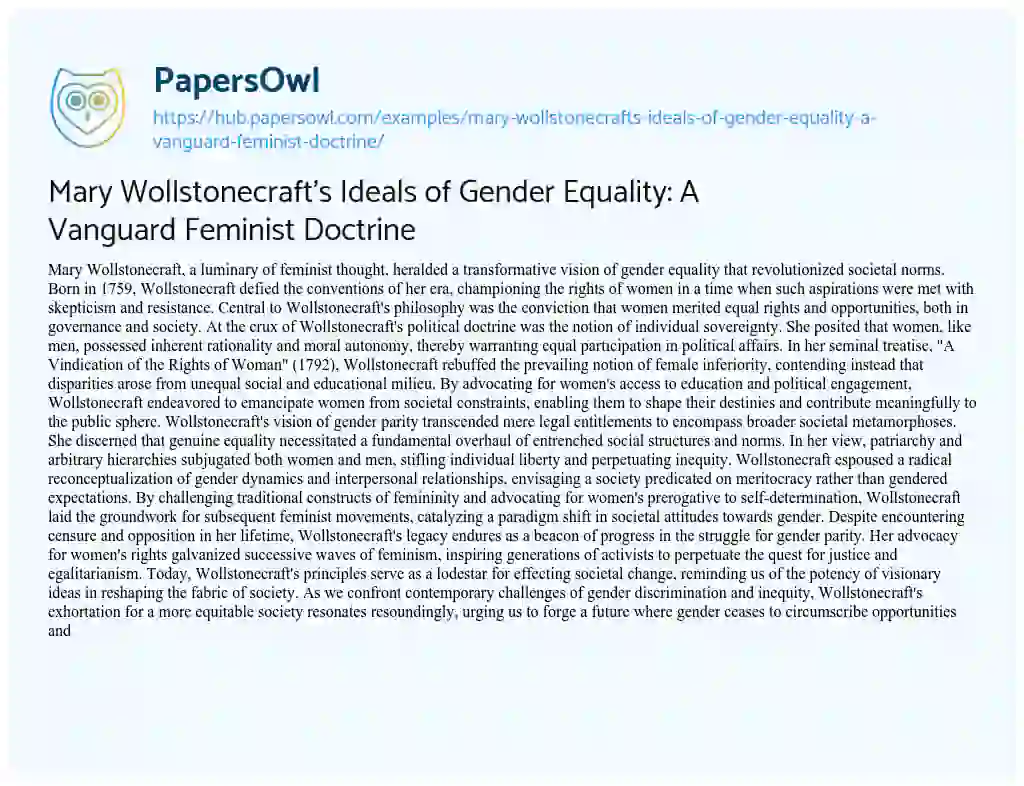Essay on Mary Wollstonecraft’s Ideals of Gender Equality: A Vanguard Feminist Doctrine