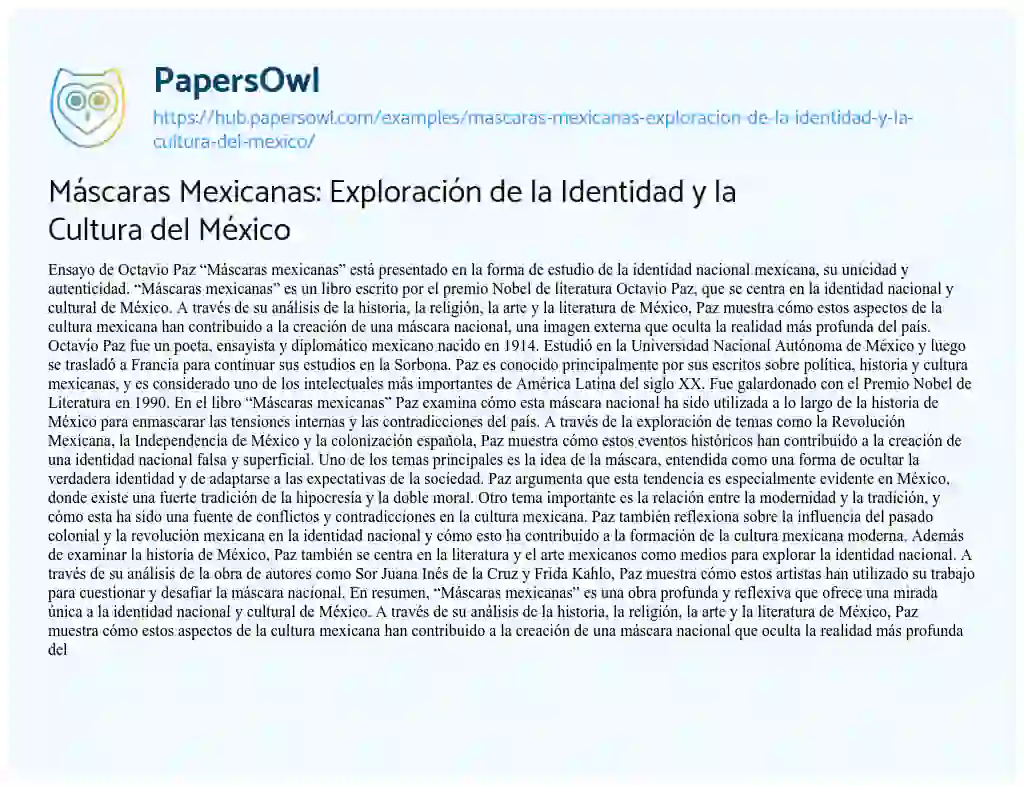 Essay on Máscaras Mexicanas: Exploración de la Identidad y la Cultura del México