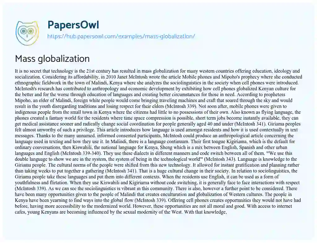 Essay on Mass globalization