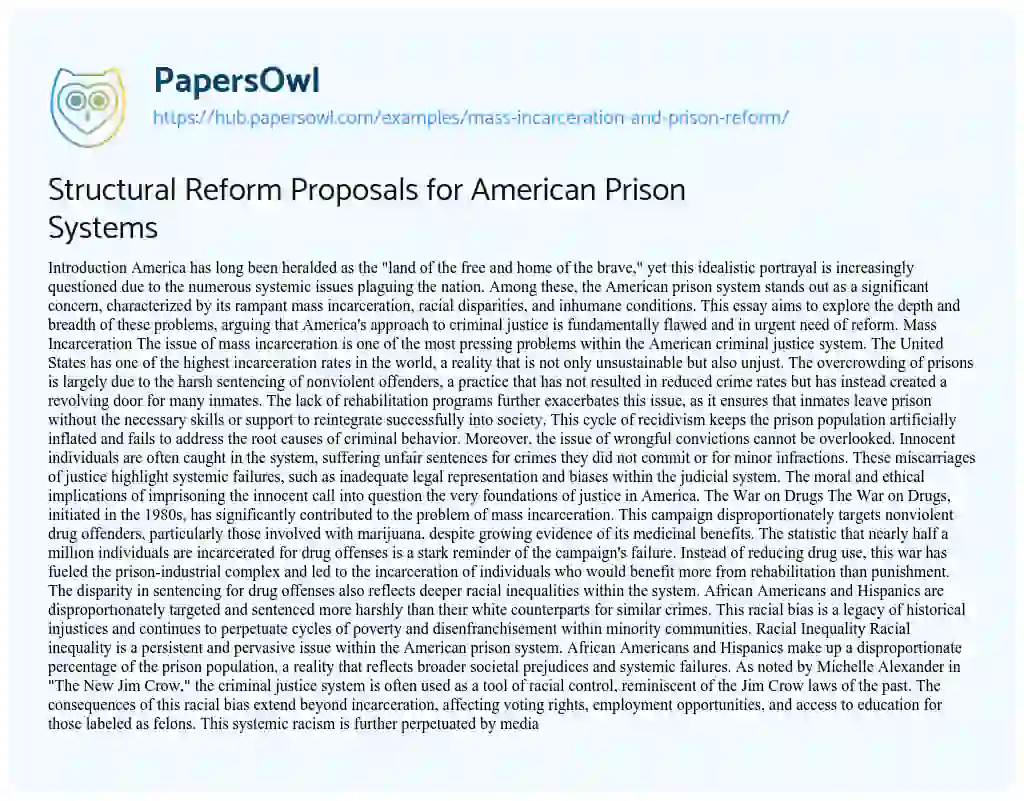 Essay on Structural Reform Proposals for American Prison Systems