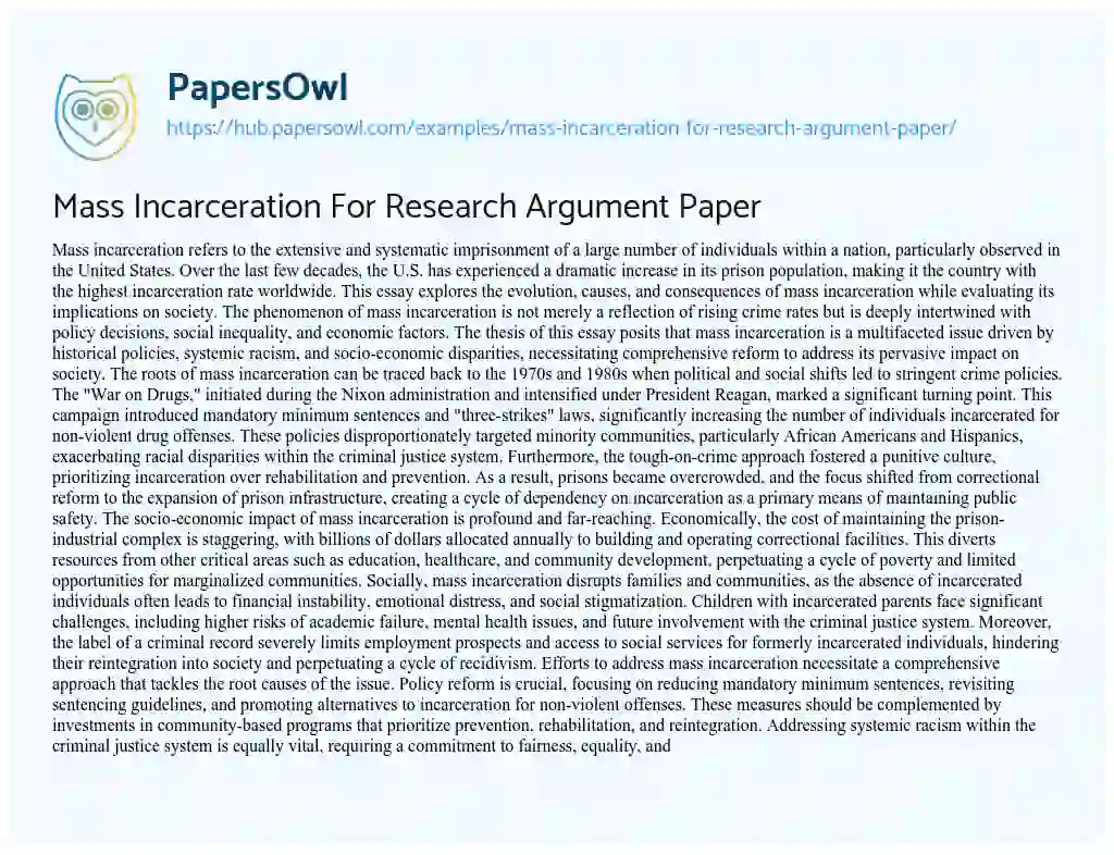 Essay on Mass Incarceration For Research Argument Paper