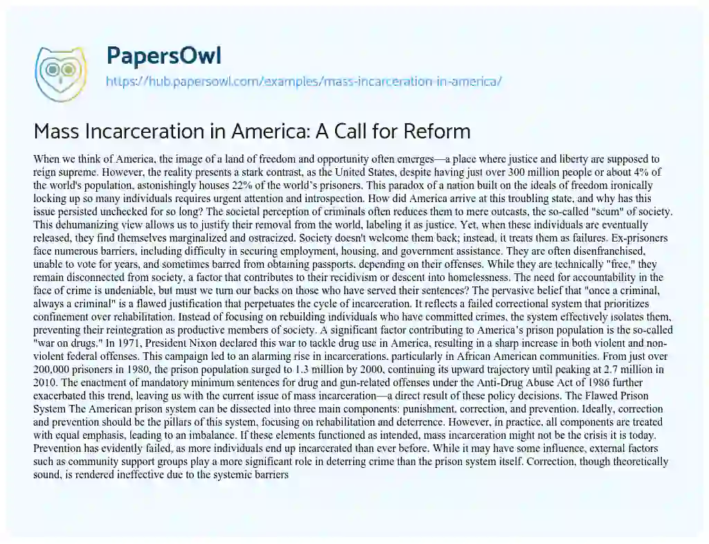 Essay on Mass Incarceration in America: A Call for Reform