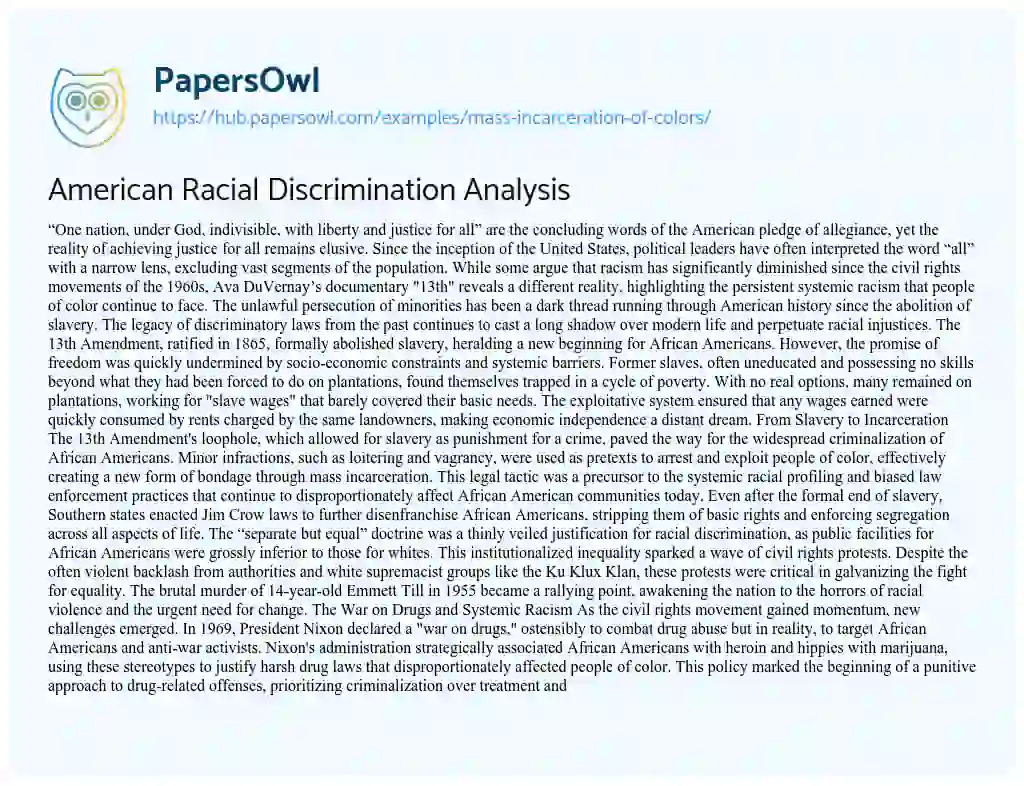 Essay on American Racial Discrimination Analysis