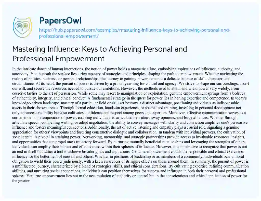 Essay on Mastering Influence: Keys to Achieving Personal and Professional Empowerment
