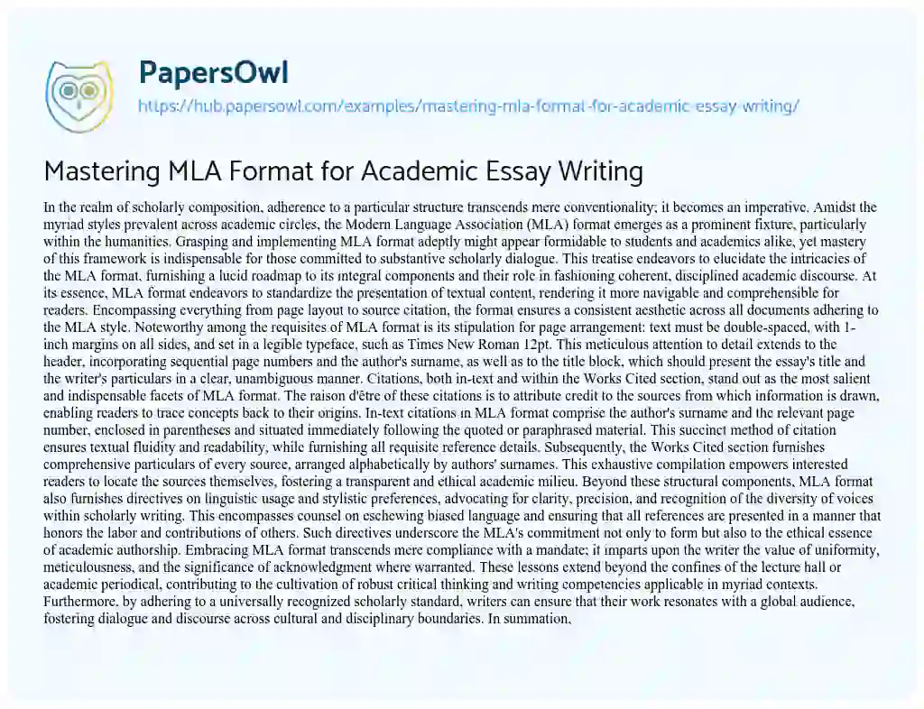 Essay on Mastering MLA Format for Academic Essay Writing