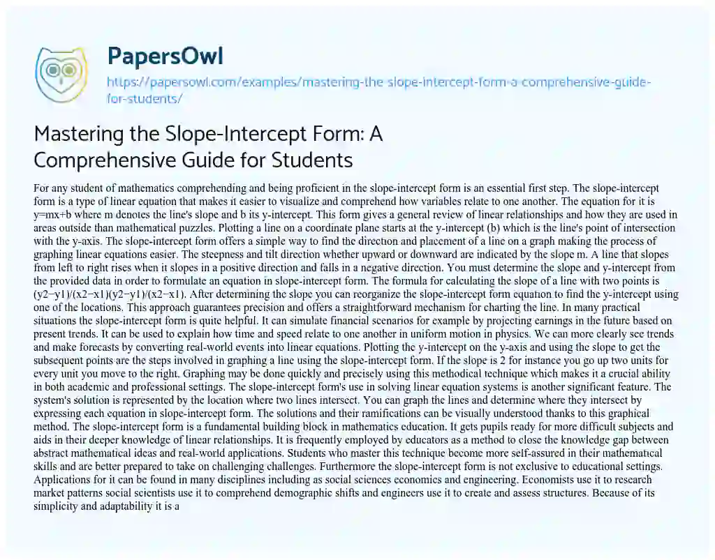 Essay on Mastering the Slope-Intercept Form: A Comprehensive Guide for Students