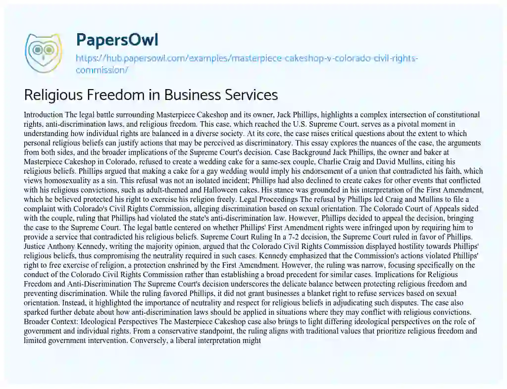 Essay on Religious Freedom in Business Services