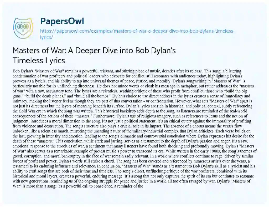 Essay on Masters of War: A Deeper Dive into Bob Dylan’s Timeless Lyrics