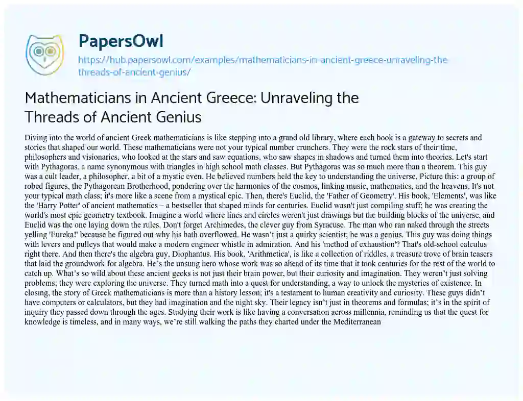 Essay on Mathematicians in Ancient Greece: Unraveling the Threads of Ancient Genius