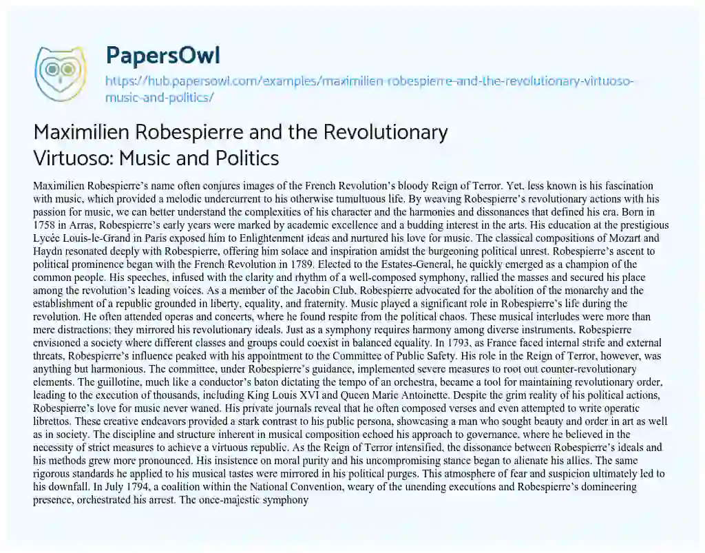 Essay on Maximilien Robespierre and the Revolutionary Virtuoso: Music and Politics