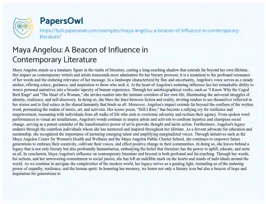 Essay on Maya Angelou: A Beacon of Influence in Contemporary Literature