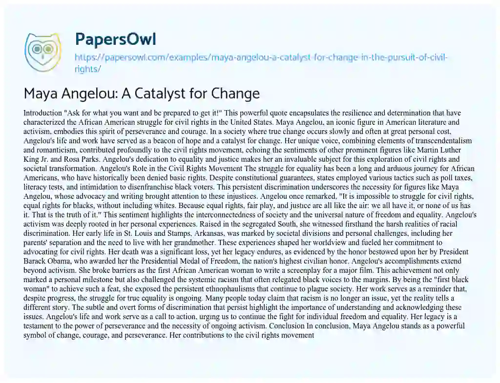 Essay on Maya Angelou: A Catalyst for Change