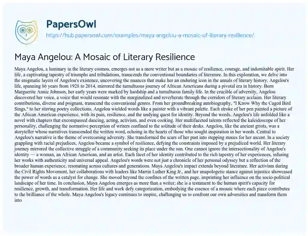 Essay on Maya Angelou: A Mosaic of Literary Resilience
