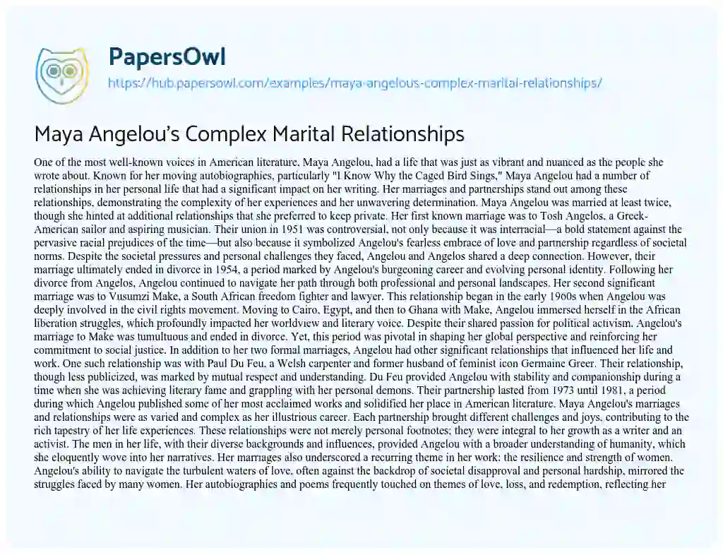 Essay on Maya Angelou’s Complex Marital Relationships