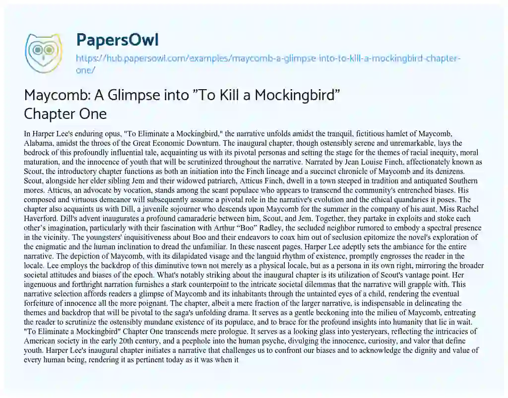 Essay on Maycomb: A Glimpse into “To Kill a Mockingbird” Chapter One
