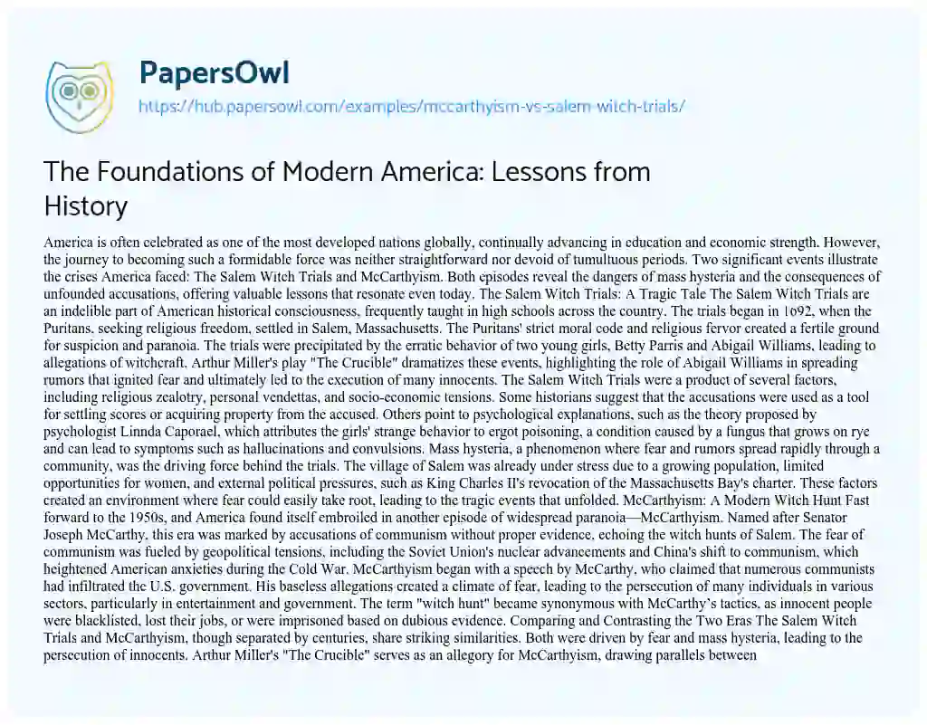 Essay on The Foundations of Modern America: Lessons from History