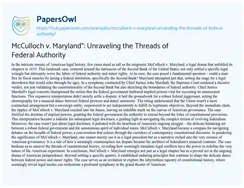 Essay on McCulloch v. Maryland”: Unraveling the Threads of Federal Authority