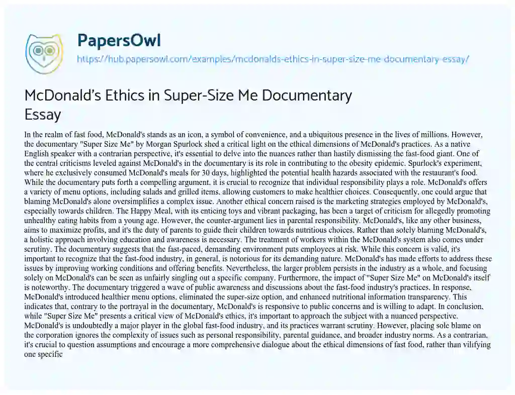 Essay on McDonald’s Ethics in Super-Size Me Documentary Essay