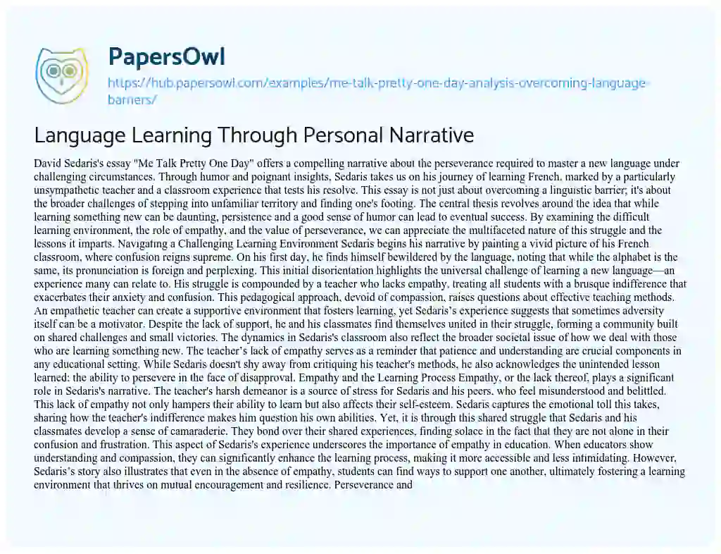 Essay on Language Learning Through Personal Narrative