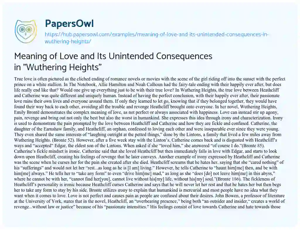 Essay on Meaning of Love and Its Unintended Consequences in “Wuthering Heights”