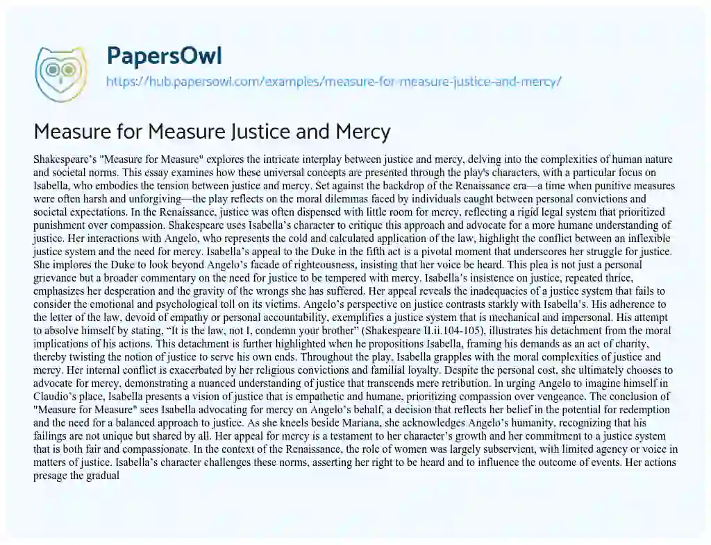 Essay on Measure for Measure Justice and Mercy