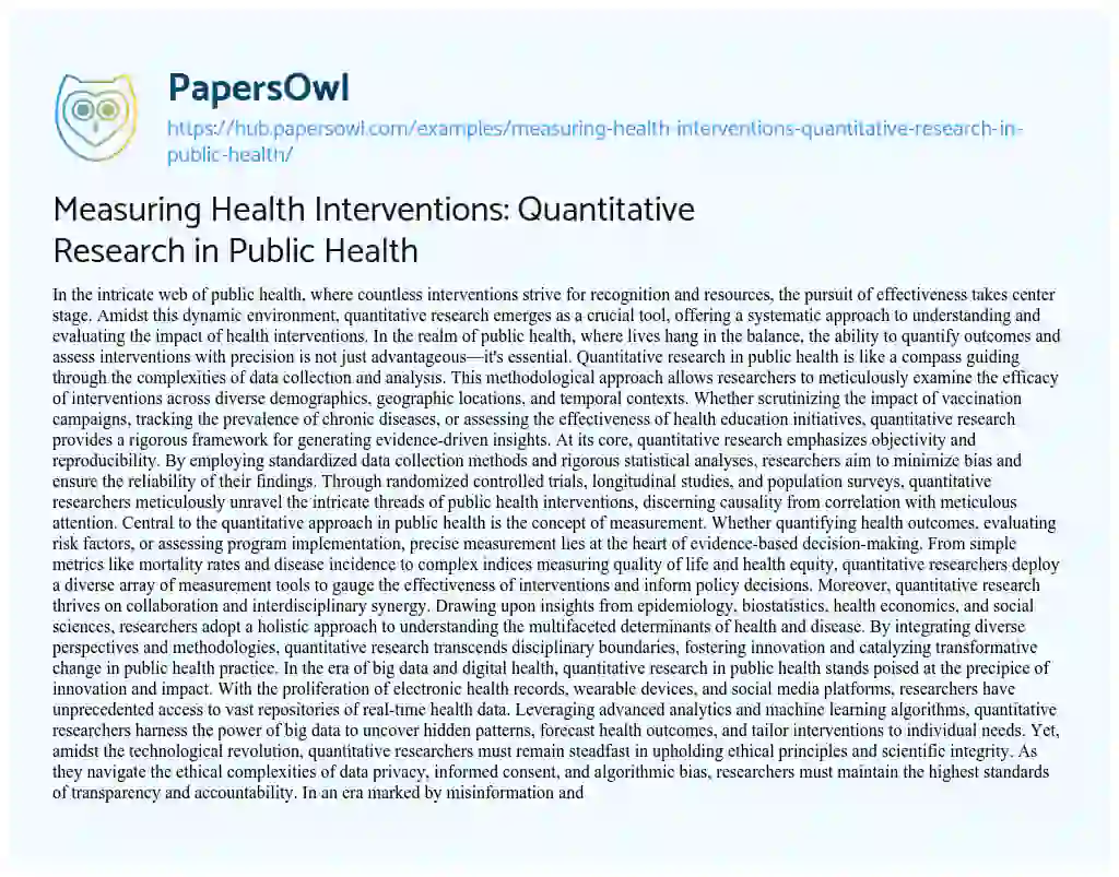 Essay on Measuring Health Interventions: Quantitative Research in Public Health