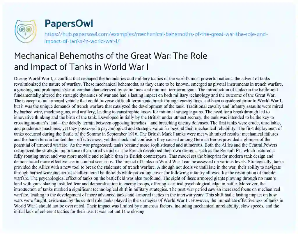 Essay on Mechanical Behemoths of the Great War: The Role and Impact of Tanks in World War I