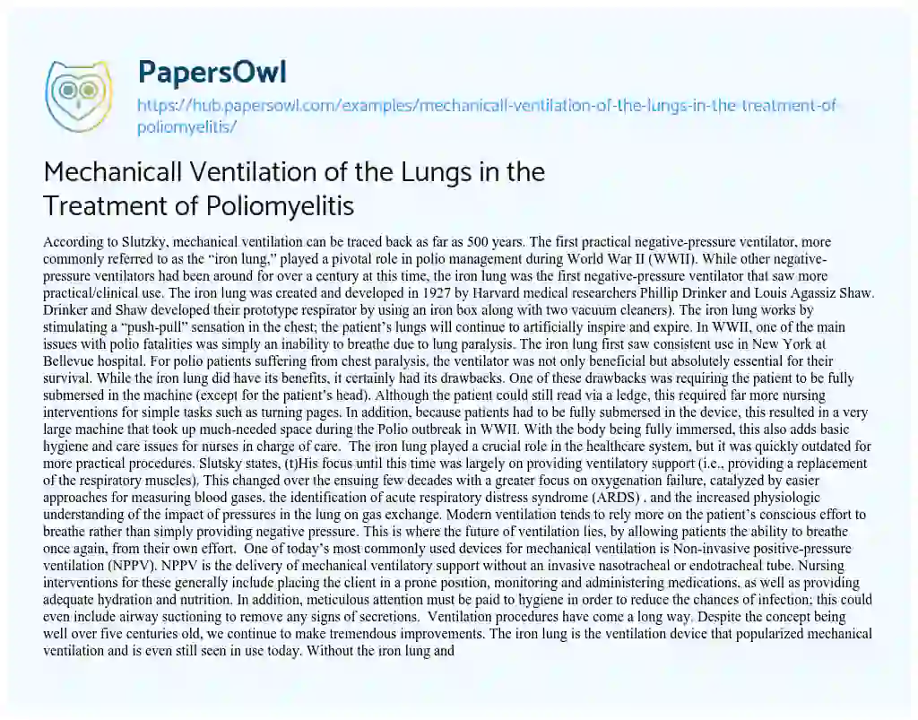 Essay on Mechanicall Ventilation of the Lungs in the Treatment of Poliomyelitis