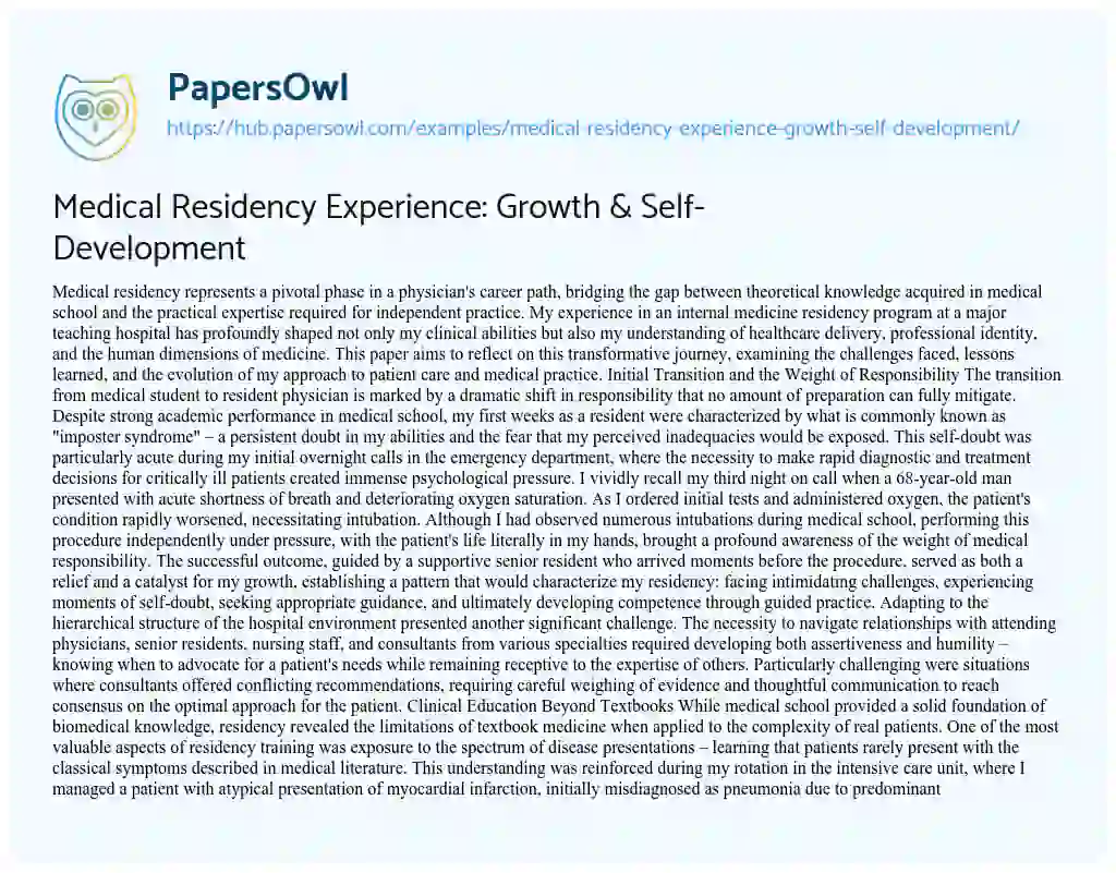 Essay on Medical Residency Experience: Growth & Self-Development