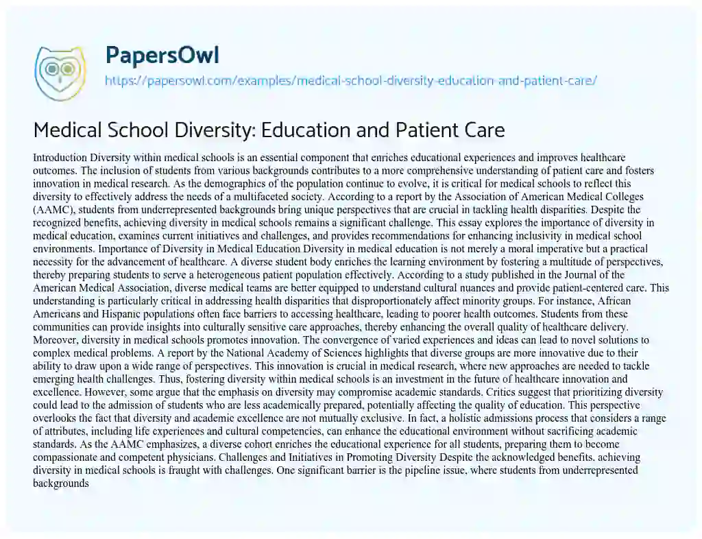 Essay on Medical School Diversity: Education and Patient Care