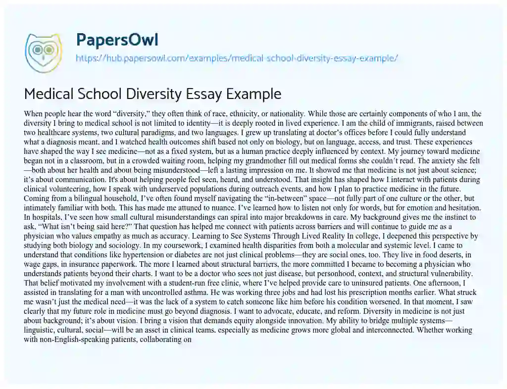 Essay on Medical School Diversity Essay Example