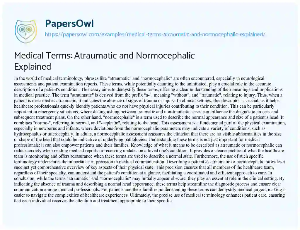 Essay on Medical Terms: Atraumatic and Normocephalic Explained