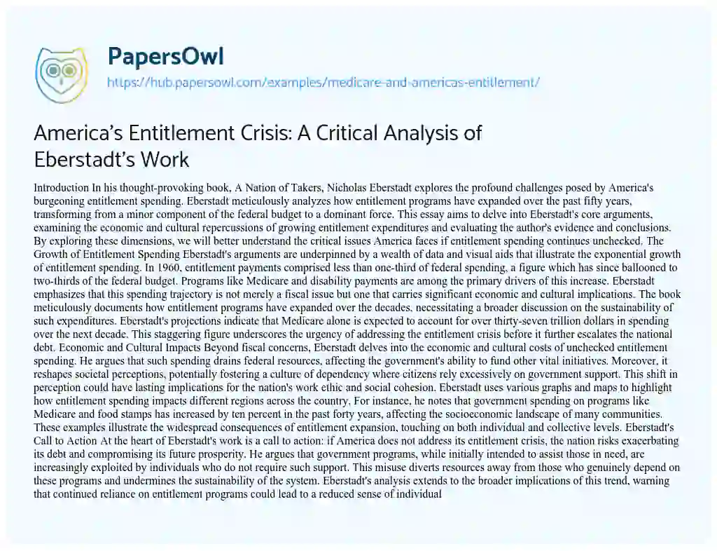 Essay on America’s Entitlement Crisis: A Critical Analysis of Eberstadt’s Work