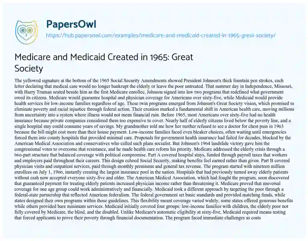 Essay on Medicare and Medicaid Created in 1965: Great Society